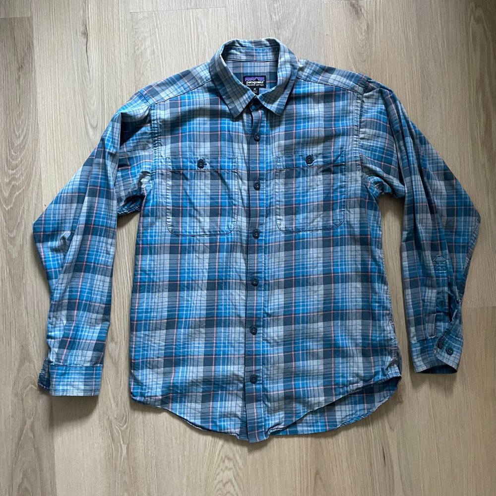 Patagonia button-up shirt blue plaid men's XS 100% organic cotton Rrp $89